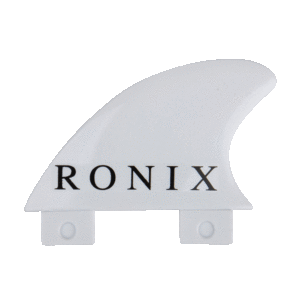 White Ronix surfboard fin on black background.