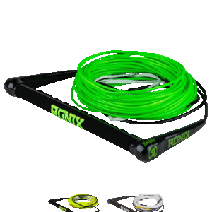 Wakeboard rope handles with neon green line.