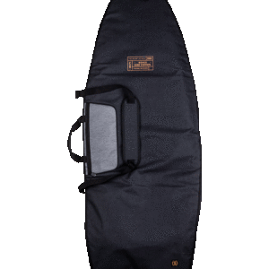 Black surfboard bag with handles on display.