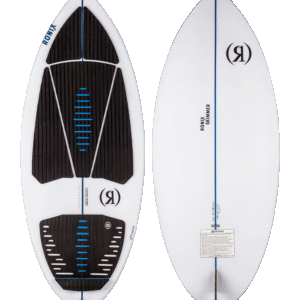 White and black surfboard with logo.