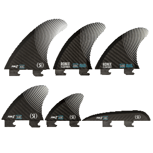 Set of black surfboard fins displayed.