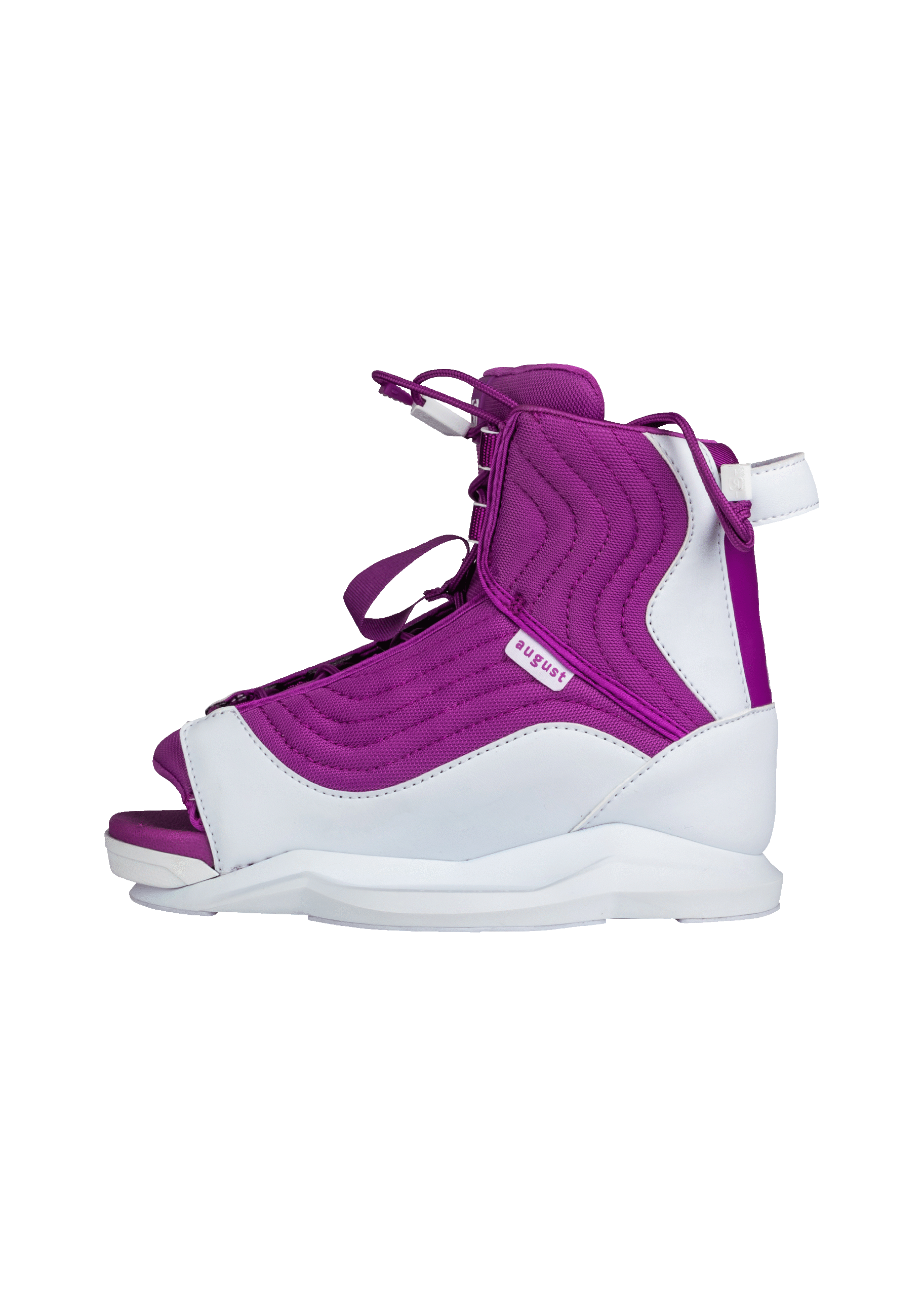 Purple and white wakeboard boot on black background.