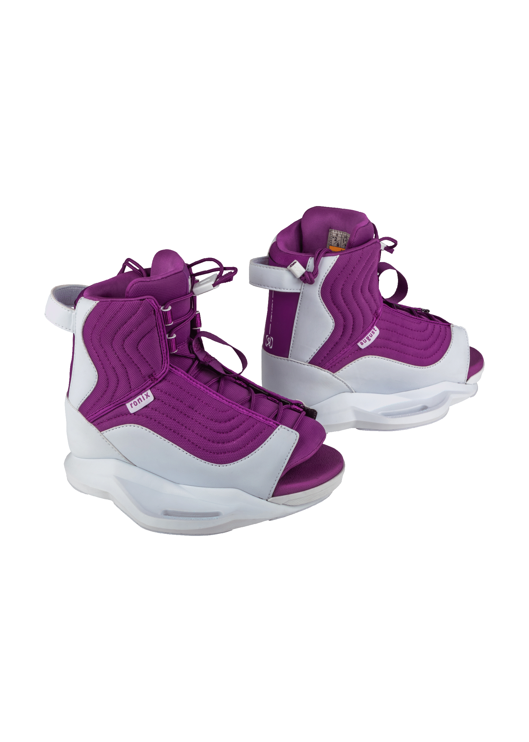 Purple and white wakeboard boots on display.